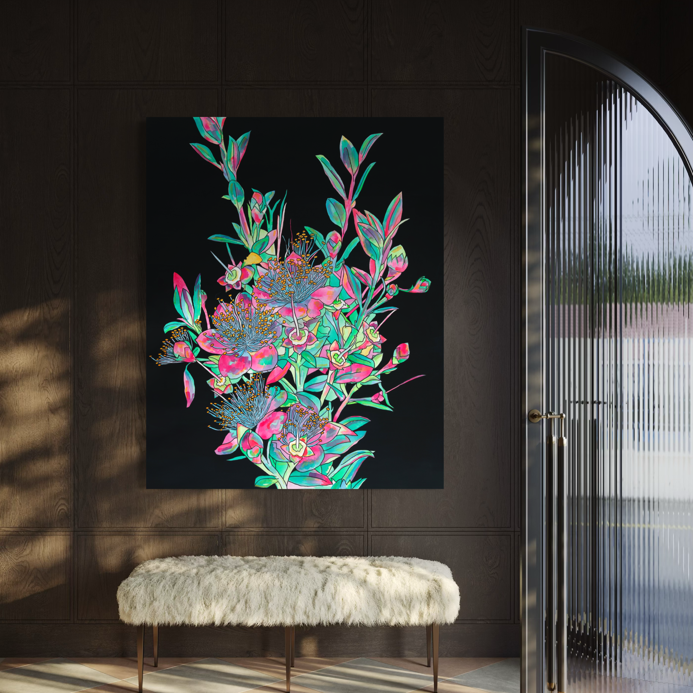 Floral artwork with pink and green colors on a black background, displayed in a room with a bench and door.