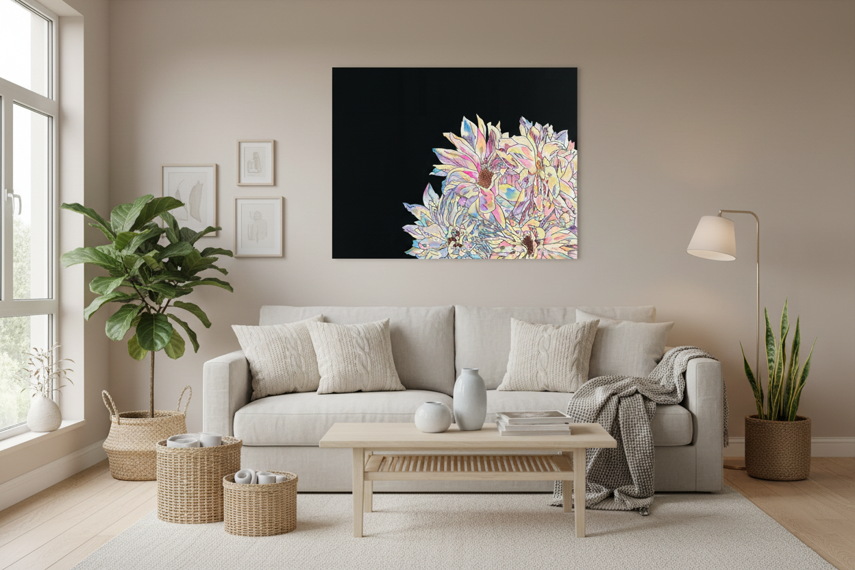 Dahlia painting in Scandinavian-style living room
