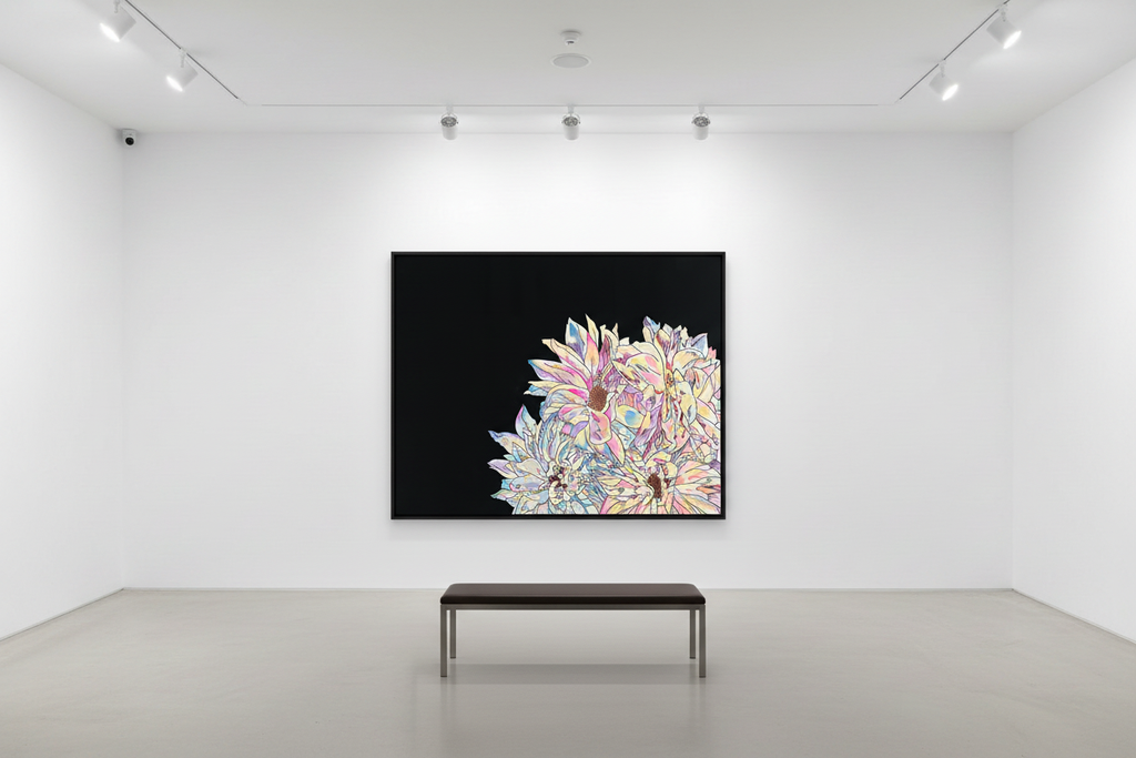 Dahlia painting unframed in gallery with bench