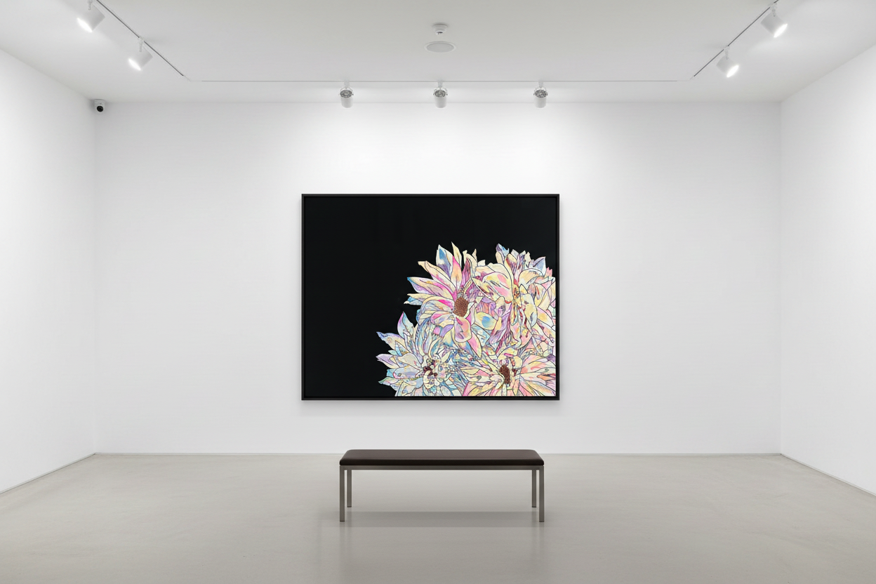 Dahlia painting unframed in gallery with bench