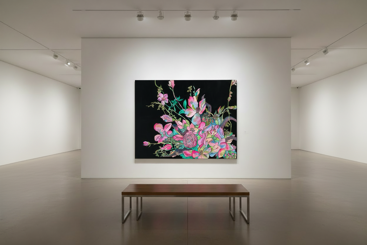 Floral painting as sole artwork in ultra chic gallery