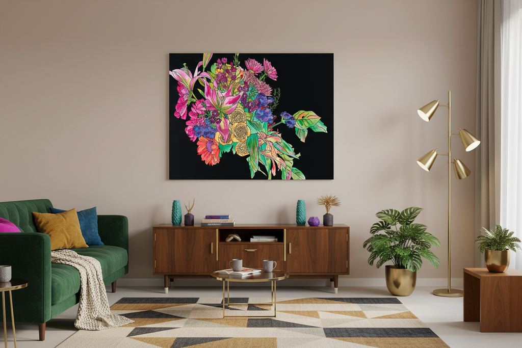 Floral painting in mid-century modern living room