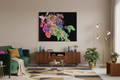 Floral painting in mid-century modern living room