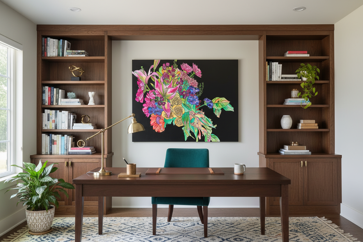 Floral painting in sophisticated home office