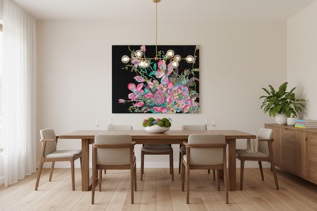 Floral painting staged in modern dining room