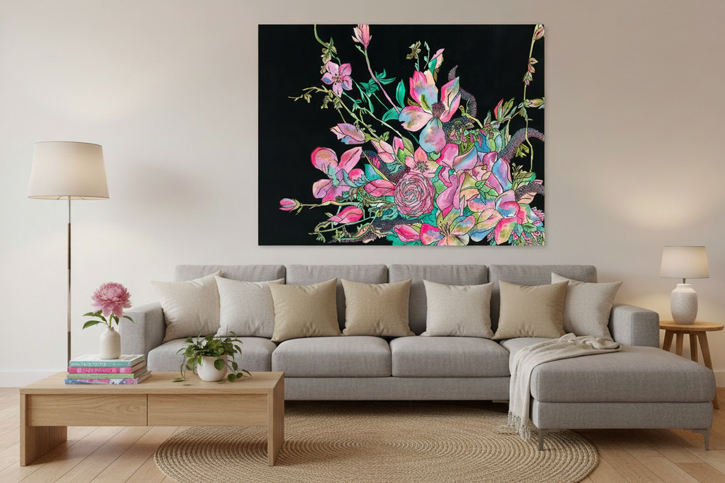 Floral painting staged in modern living room with neutral pillows