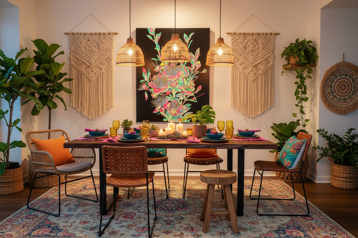 Tropical painting in bohemian-modern dining room